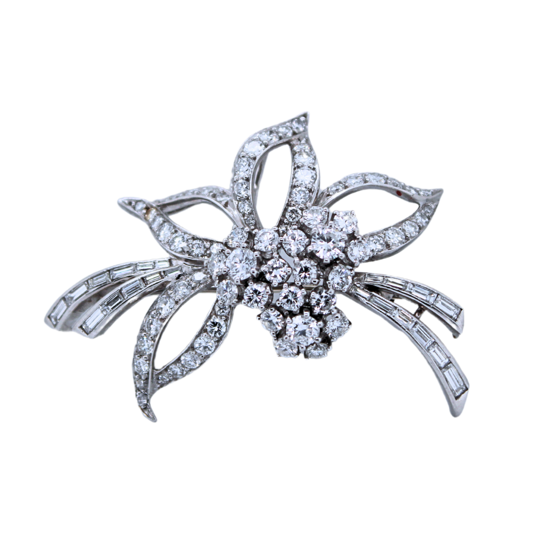 Estate 1940's 18K White Gold High Qual 2.80 ctw Diamond Flower Brooch Pin 16.6 g