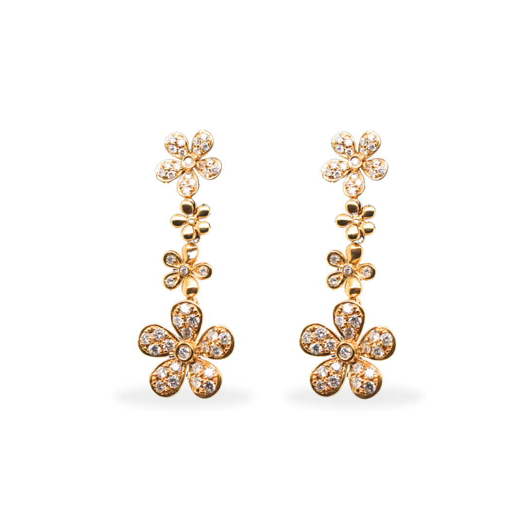 18k Yellow Gold Flower Diamond Dangling Earrings