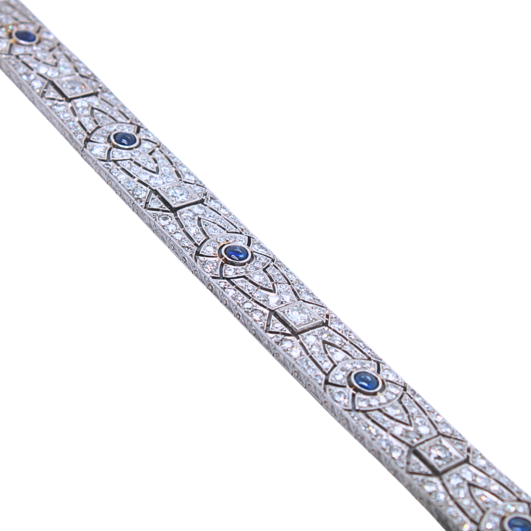 Platinum Art Deco French Cabochon Sapphire and Diamond Bracelet 16.00CTW