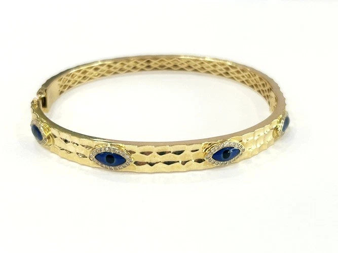 14K Yellow Gold Diamond Evil Eye Bangle Bracelet 0.26 Carats