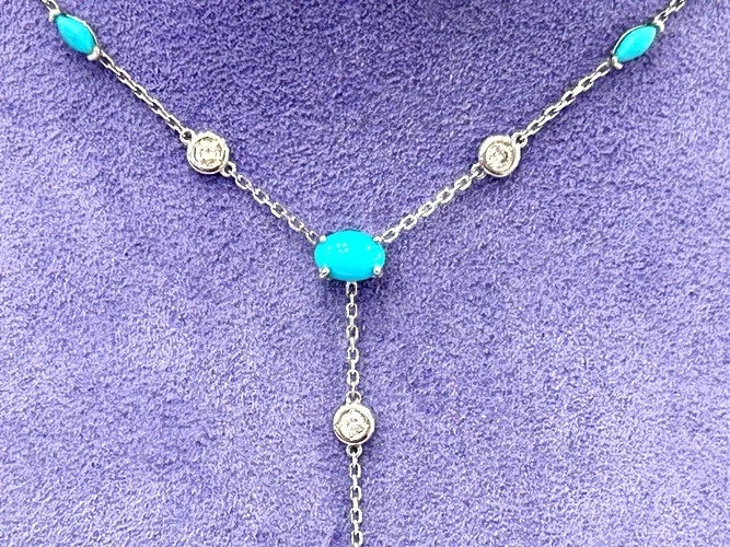 14K White Gold Diamond & Turquoise Lariet Necklace 0.20 Carats