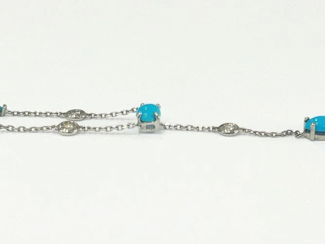 14K White Gold Diamond & Turquoise Lariet Necklace 0.20 Carats