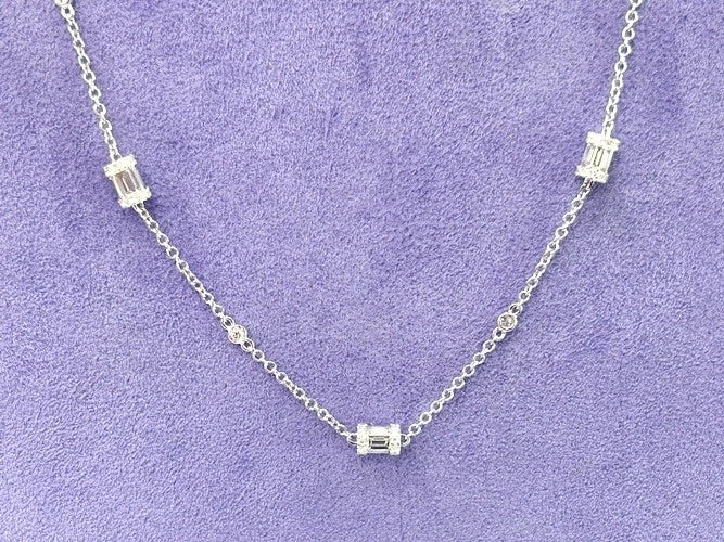 18K White Gold Baguette & Round Diamond Station Necklace 1.57 Carats
