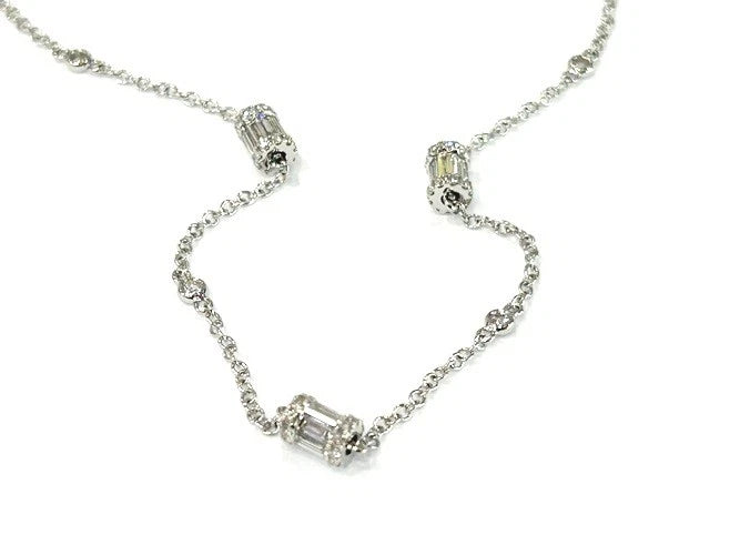 18K White Gold Baguette & Round Diamond Station Necklace 1.57 Carats