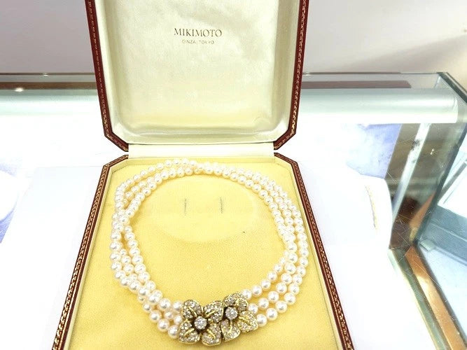 Mikimoto 18K Yellow Gold Cultured Akoya Triple Strand Pearl Necklace 3.81 CTS