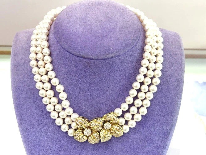 Mikimoto 18K Yellow Gold Cultured Akoya Triple Strand Pearl Necklace 3.81 CTS