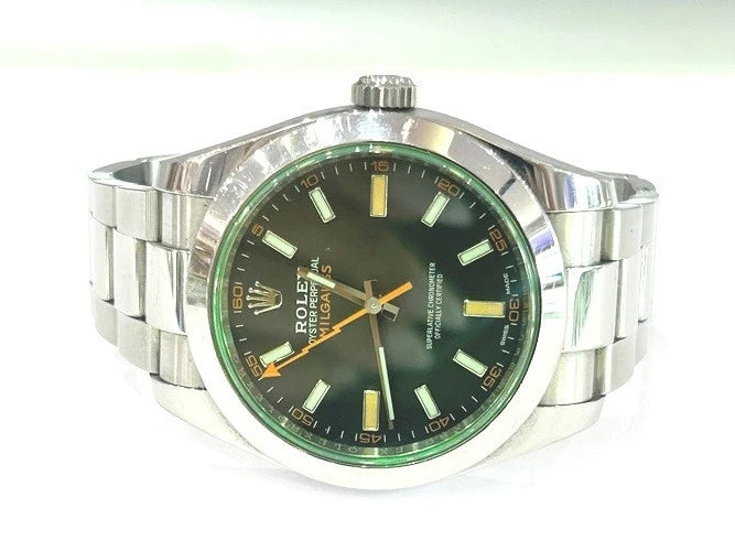Rolex Stainless Steel Milgauss Green Crystal Black Dial 116400GV with Card