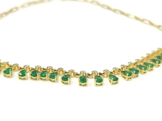 14K Yellow Gold Emerald & Diamond Drop Necklace 6.65 Carat Total Weight