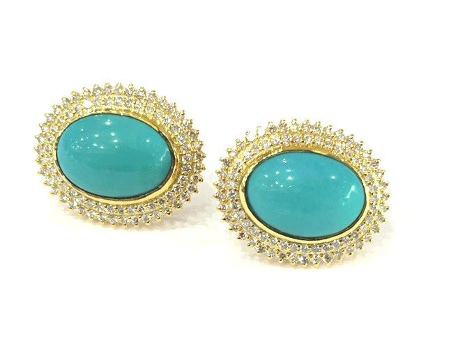 18K Yellow Gold Oval Turquoise and Diamond Stud Earrings 1.12 Carats