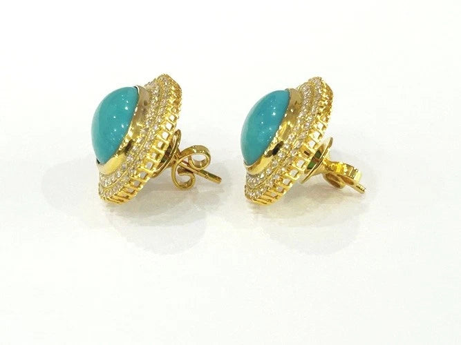 18K Yellow Gold Oval Turquoise and Diamond Stud Earrings 1.12 Carats