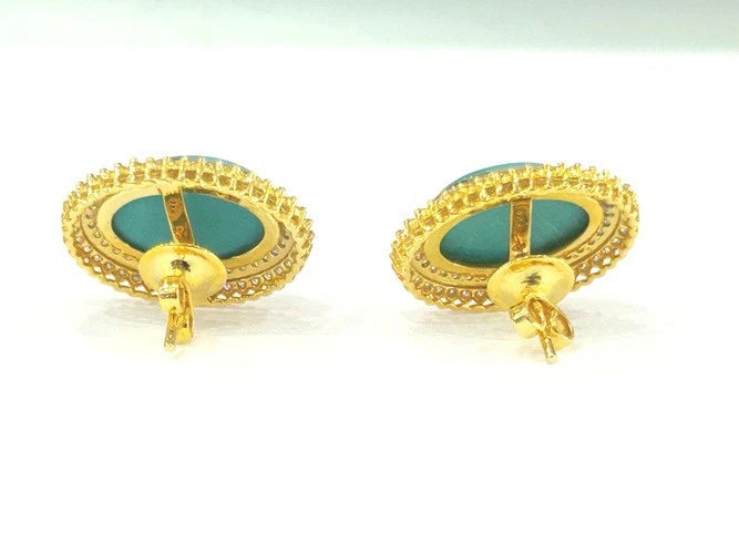 18K Yellow Gold Oval Turquoise and Diamond Stud Earrings 1.12 Carats