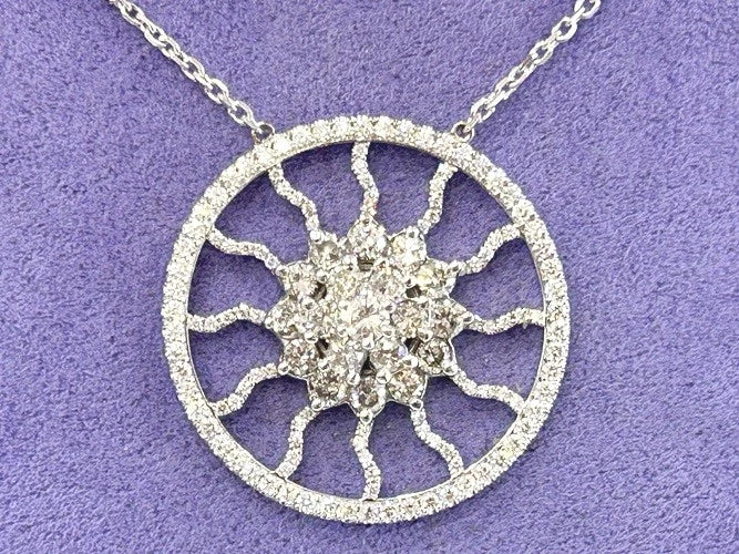 14K White Gold Sparkling Diamond Sunburst Pendant Necklace 2.00 Carats