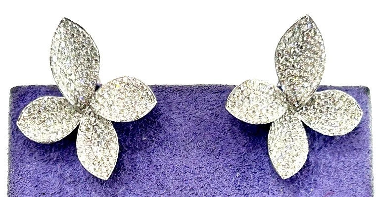 18K White Gold Pave' Diamond Orchid Stud Earrings 1.92 Carats