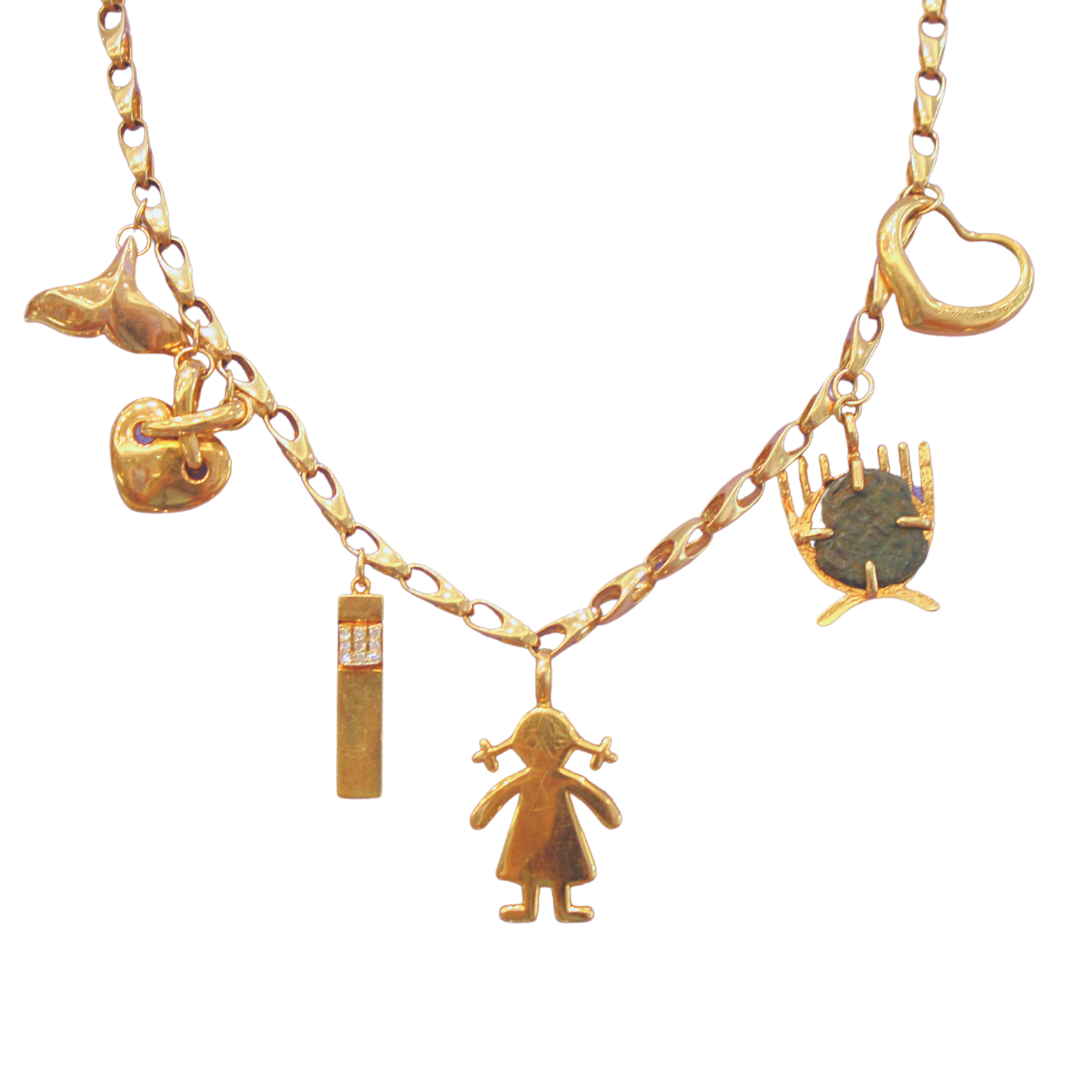 VINTAGE SIGNED CHARM NECKLACE 18K YELLOW GOLD 44.08g