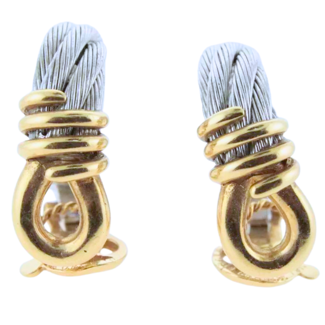 Authentic Fred Paris 18K Yellow Gold & Steel Cable Earrings