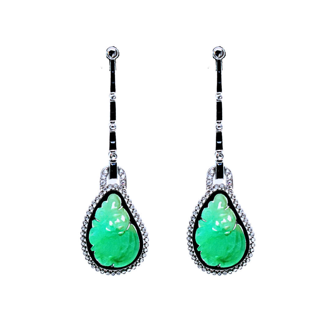 Art-Deco Carved Jade Diamond & Onyx Platinum Drop Earrings