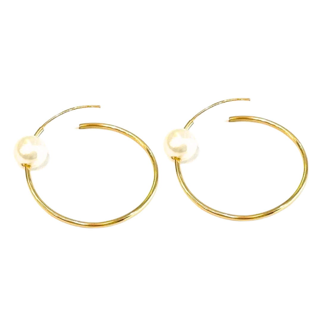 14K Yellow Gold Cultured Pearl Thin Hoop Earrings 1.10 Grams