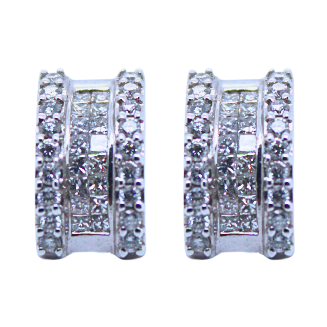 14k White Gold & Diamond Huggie Earrings
