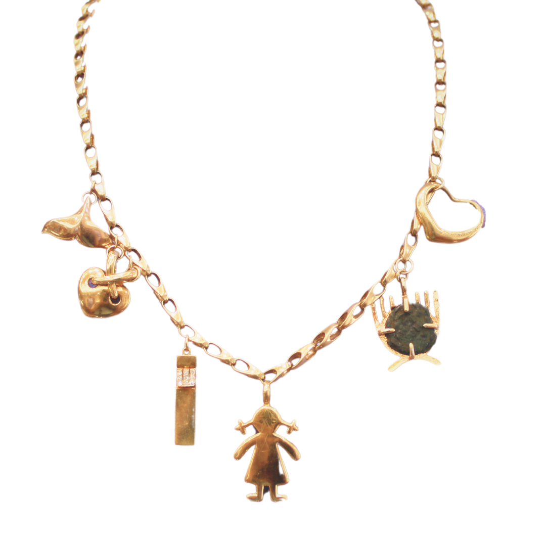 VINTAGE SIGNED CHARM NECKLACE 18K YELLOW GOLD 44.08g