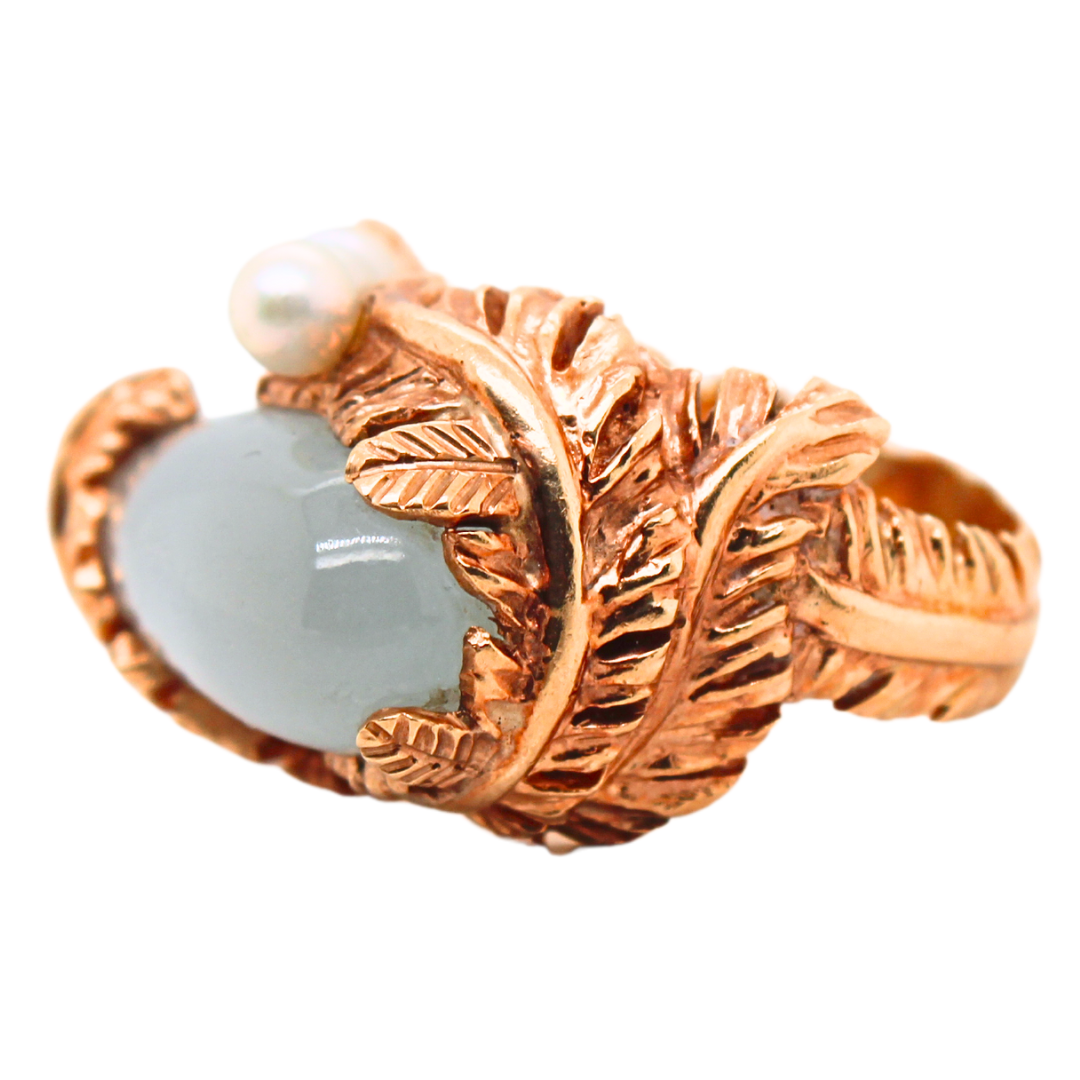 14k Yellow Gold Apple Jade Pear Shape and Pearl Ring