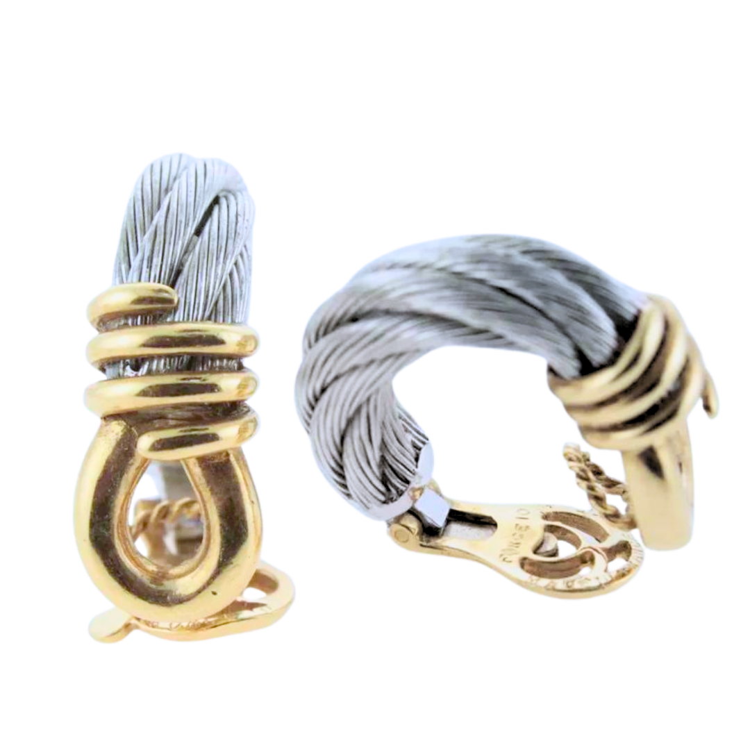 Authentic Fred Paris 18K Yellow Gold & Steel Cable Earrings