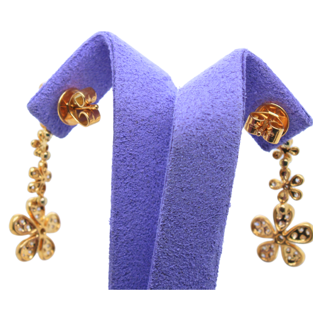 18k Yellow Gold Flower Diamond Dangling Earrings