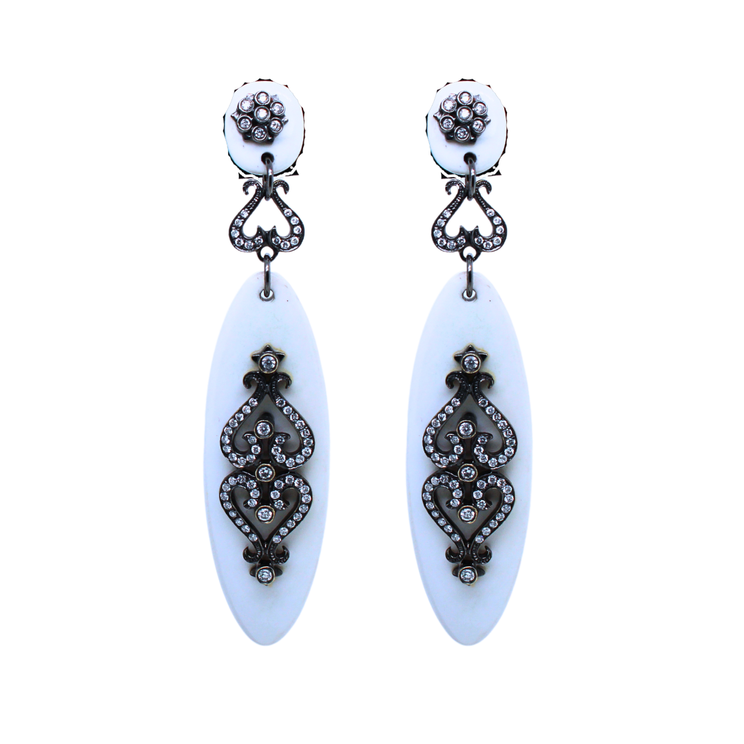 Cabochon White Onyx Swirl Loop Edgy Diamond Drop Earrings