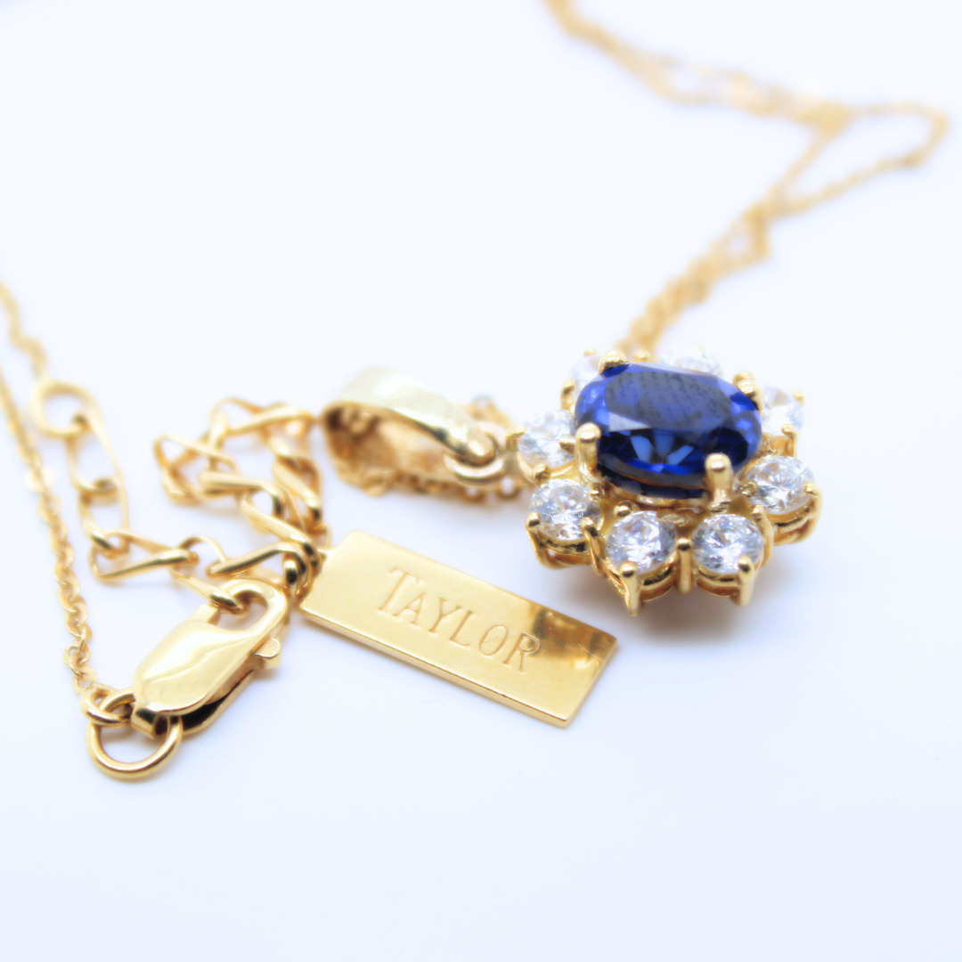 House of Taylor 18k Yellow Gold Royal Blue Sapphire and Diamond Pendant Necklace
