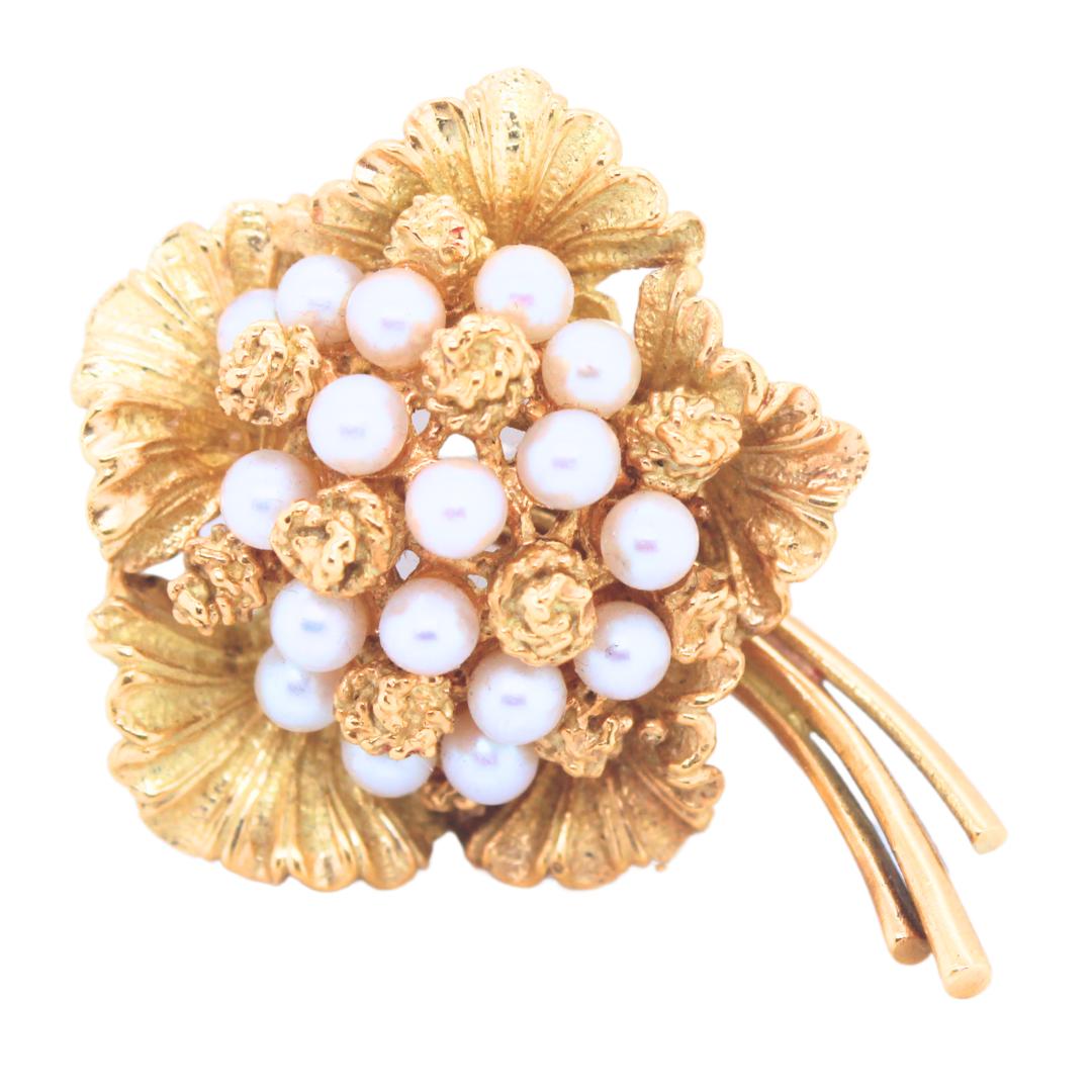 14K YELLOW GOLD PEARL FLOWER BROOCH 16.6GRAMS