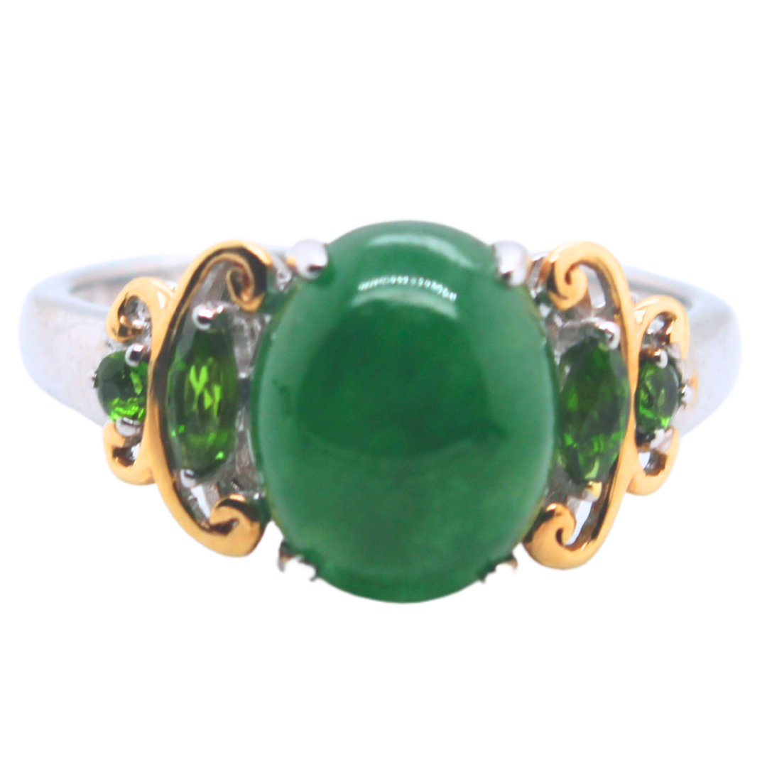 2.1 ctw. Green Cabochon Jade Tsavorite Ring 18k White/Yellow Gold 4.1 g Size 6.5
