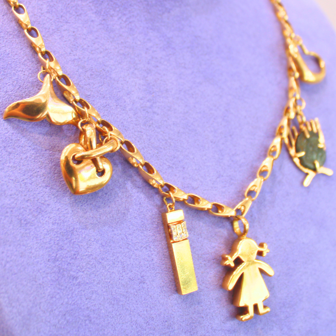 VINTAGE SIGNED CHARM NECKLACE 18K YELLOW GOLD 44.08g