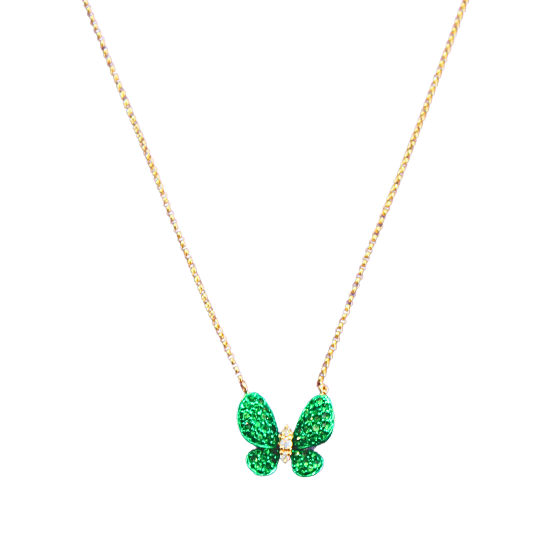 18k Yellow Gold Green Garnet Diamond Butterfly Pendant Necklace