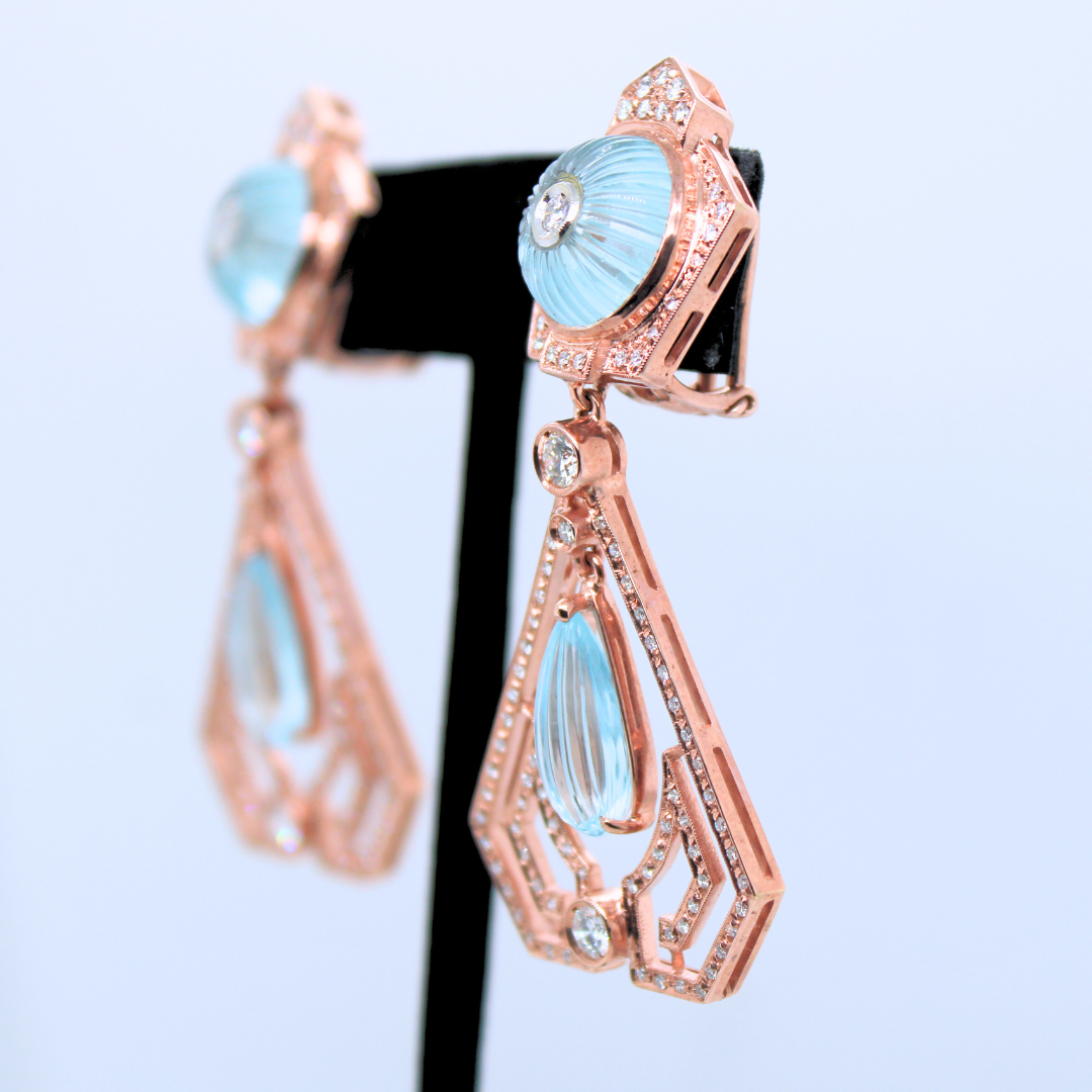 18K ROSE GOLD AQUAMARINE AND DIAMOND EARRINGS