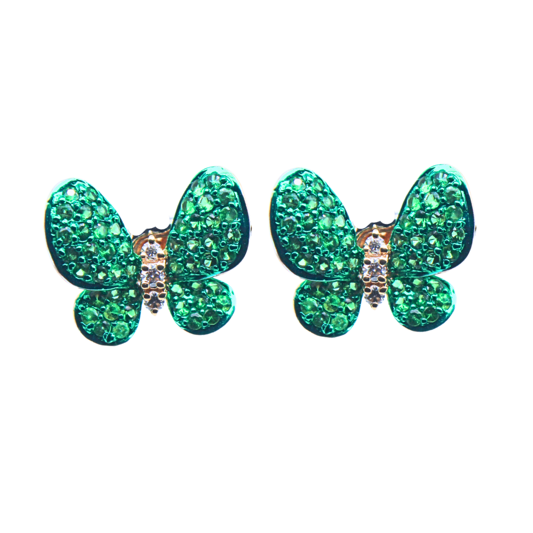 18k Yellow Gold Green Garnet & Diamond Butterfly Earrings 1.32tcw.