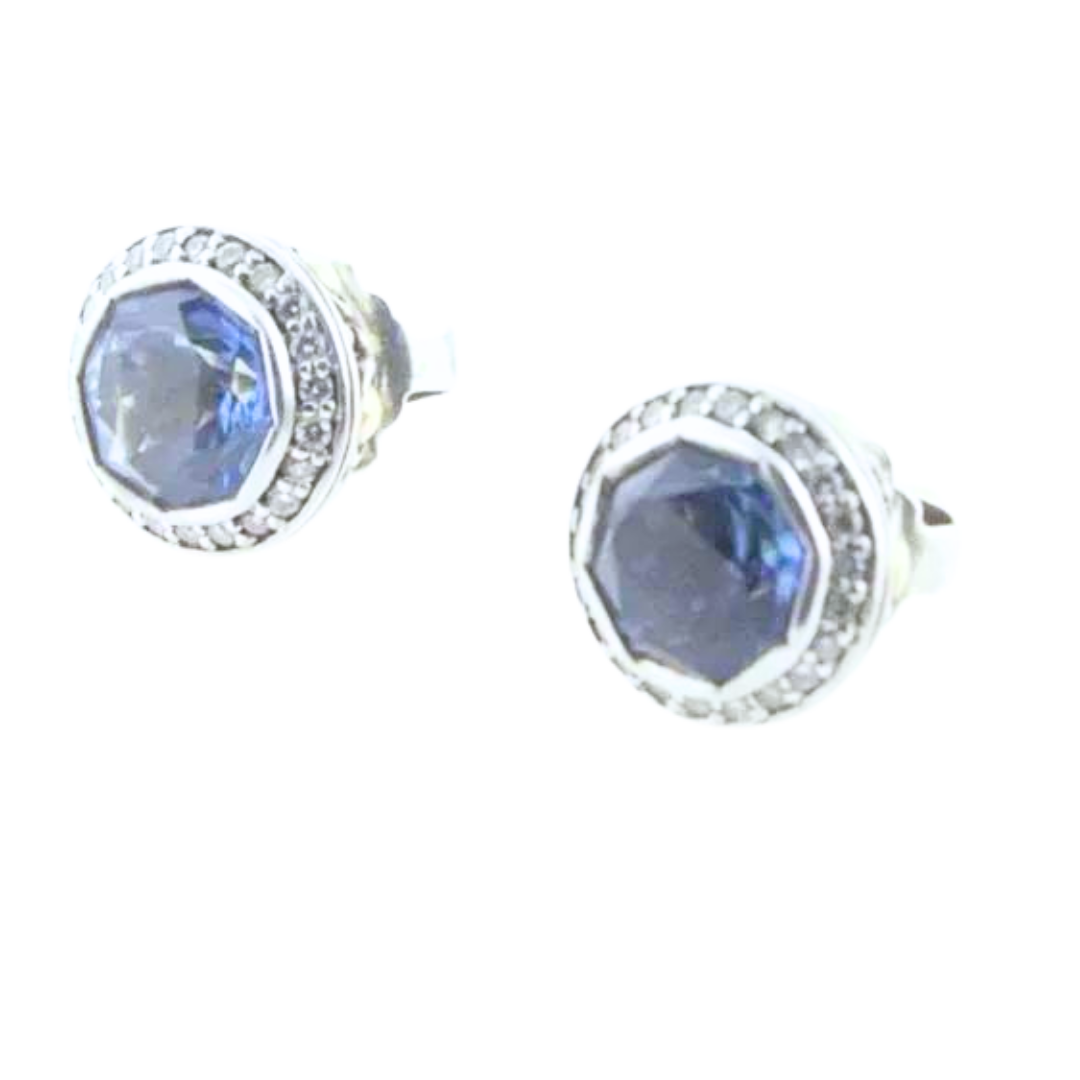 Estate John Hardy Sterling Silver Round Blue Topaz & Diamond Earrings 5.8 grams