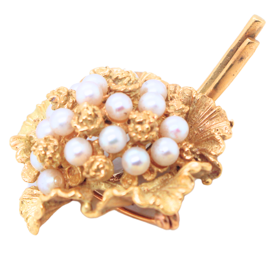 14K YELLOW GOLD PEARL FLOWER BROOCH 16.6GRAMS