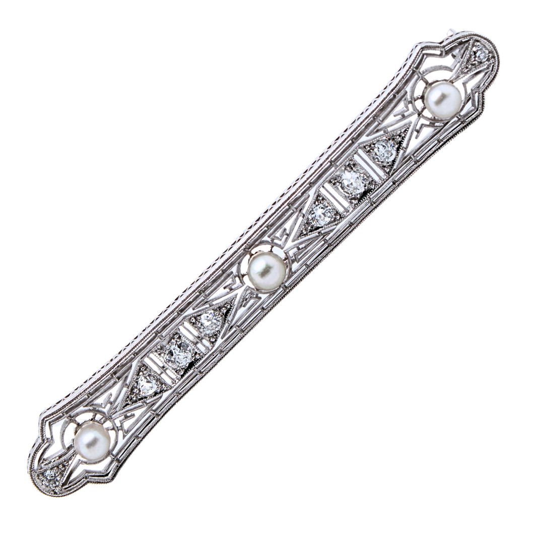 Platinum Edwardian Diamond and Pearl Pin 0.90CTW