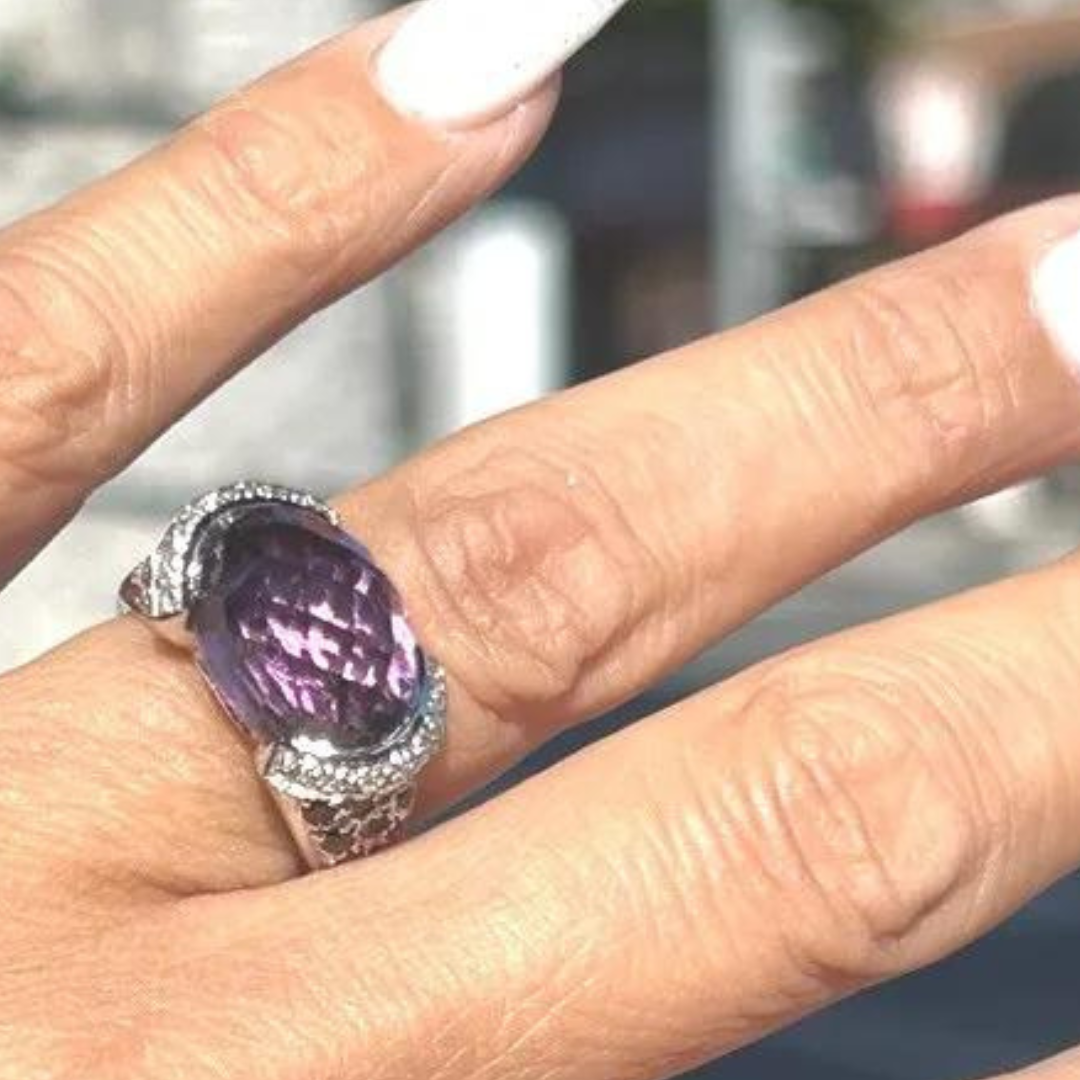 14K White Gold Amethyst Diamond Ring 5.45 Carats