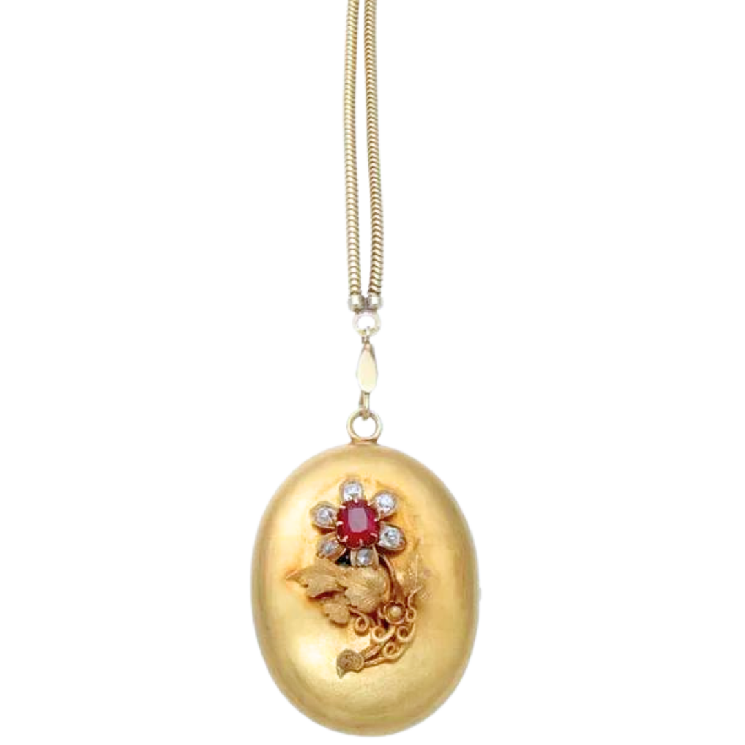 VICTORIAN 14K YELLOW GOLD & NATURAL RUBY & DIAMOND LOCKET PENDANT