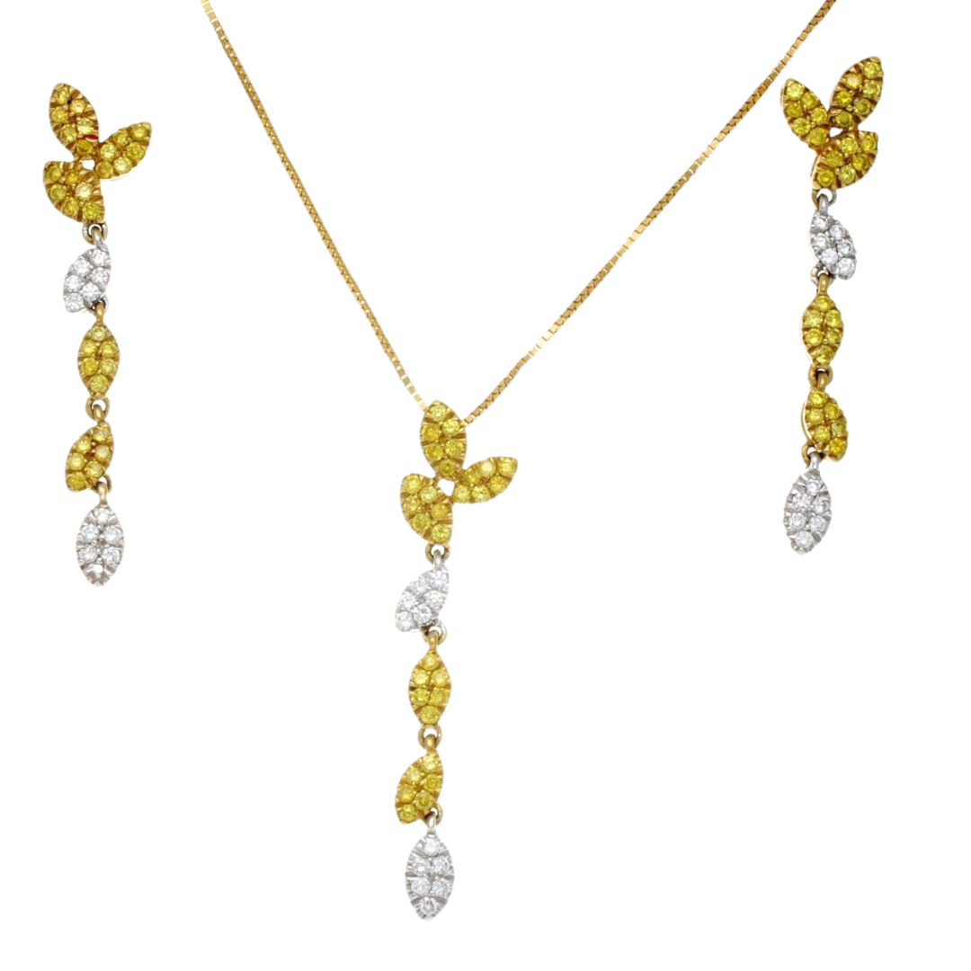 14K GOLD DIAMOND Drop Leaf NECKLACE Earrings Set 15.5' 11.4 grams