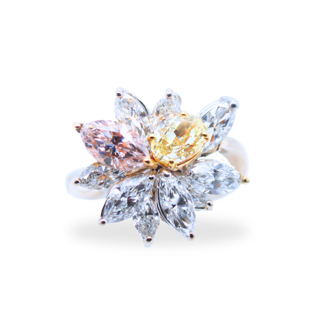 Gia Certified 18k White Gold Pink Diamond, Yellow Diamond and Marquise Diamond Cluster Ring Shape and Cutting Style: Marquise Brilliant