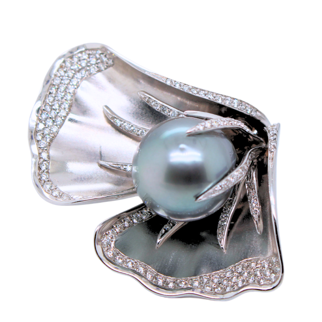 18K White Gold Tahitian Pearl and Diamond Ring 2CTW
