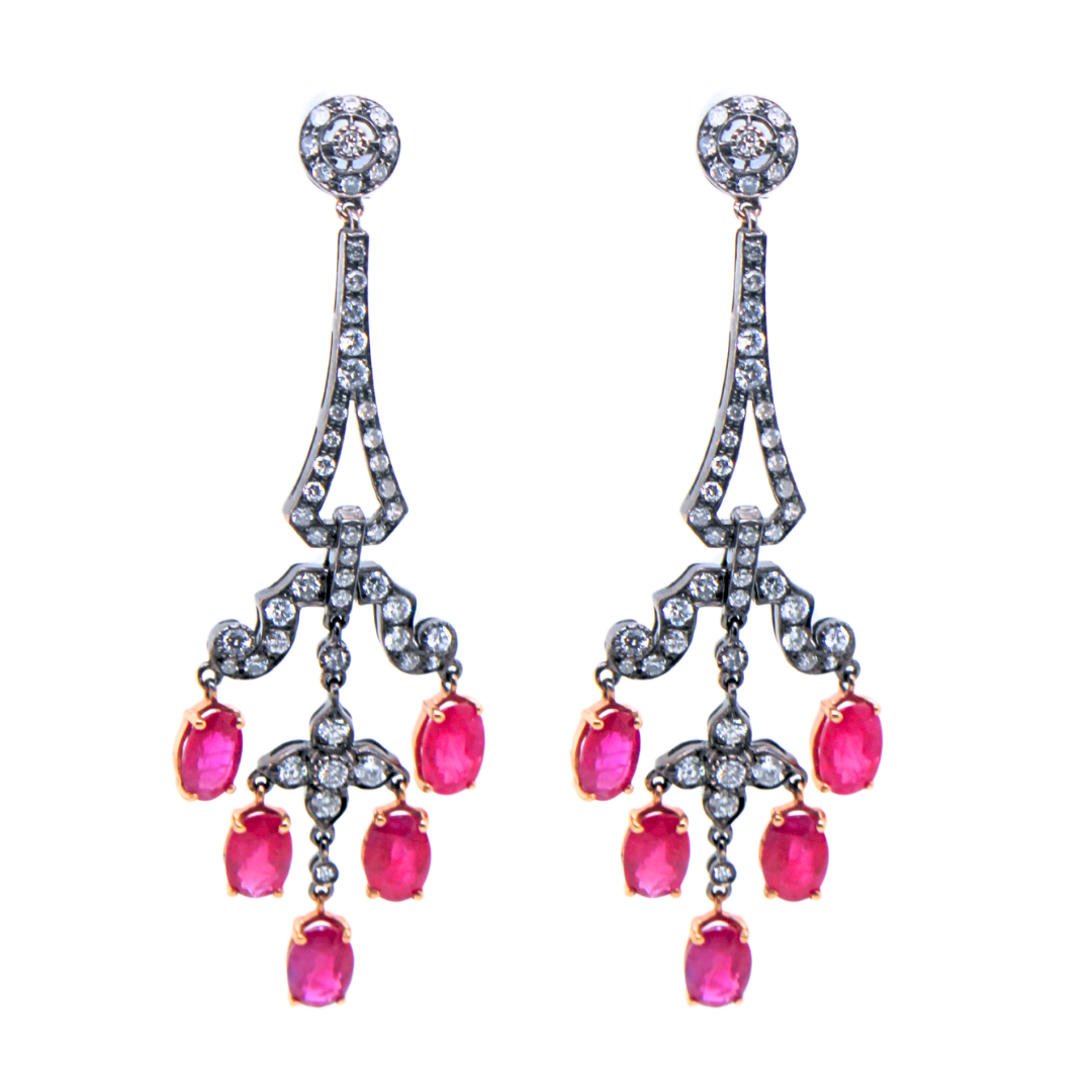 7.72 ctw. Diamond Natural RED Ruby Drop Earrings 18 K Gold Black Rhodium 9.9 g