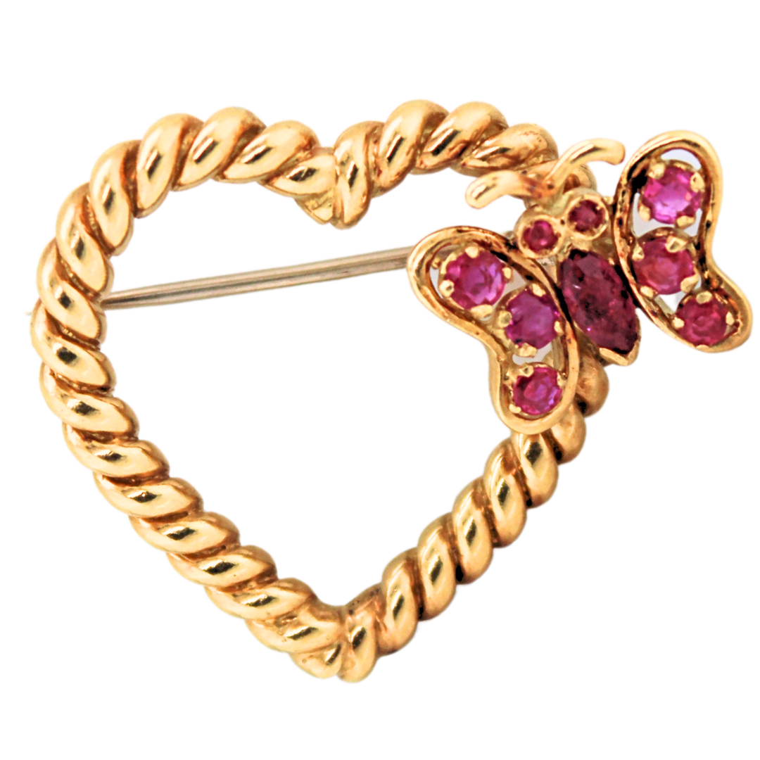 VINTAGE 18K YELLOW GOLD TIFFANY & CO. HEART RUBY BROOCH