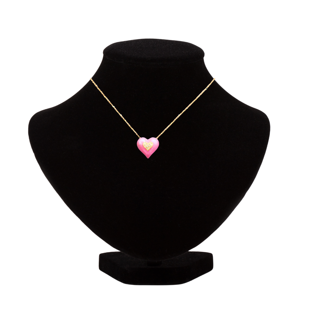14k Yellow Gold Pink Enamel Heart Necklace