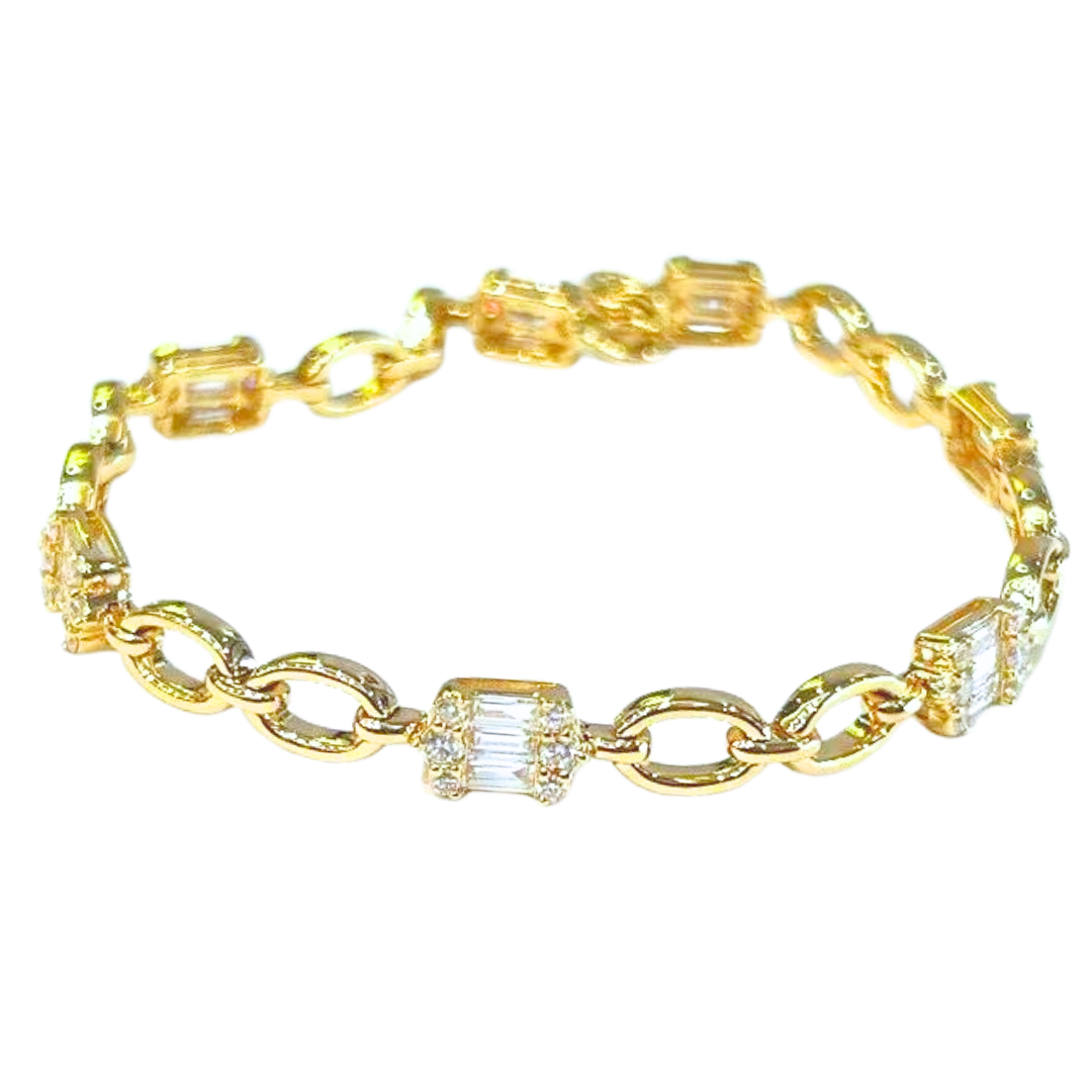18k Yellow Gold Baguette & Round Diamond Bracelet 1.91 Carats