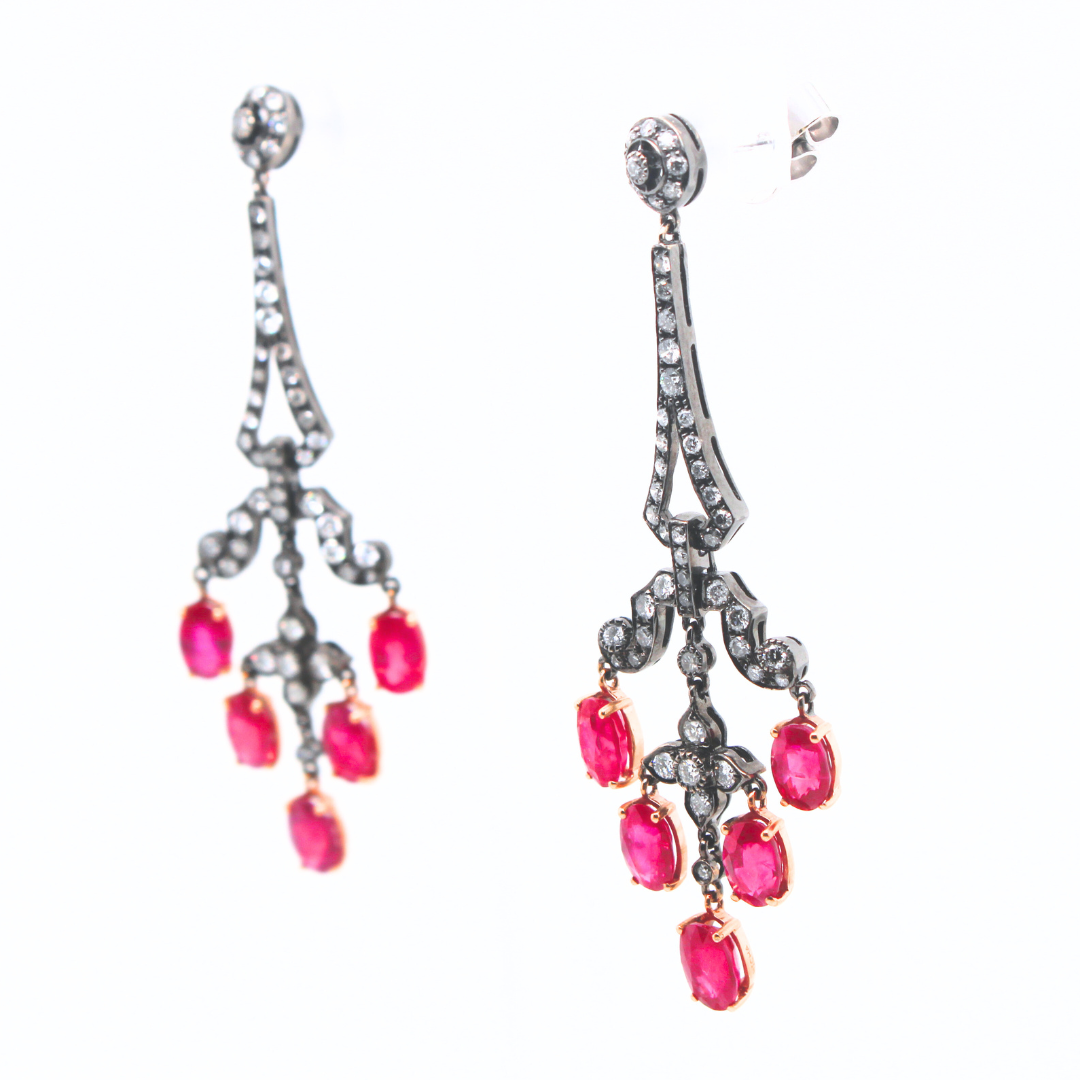 7.72 ctw. Diamond Natural RED Ruby Drop Earrings 18 K Gold Black Rhodium 9.9 g