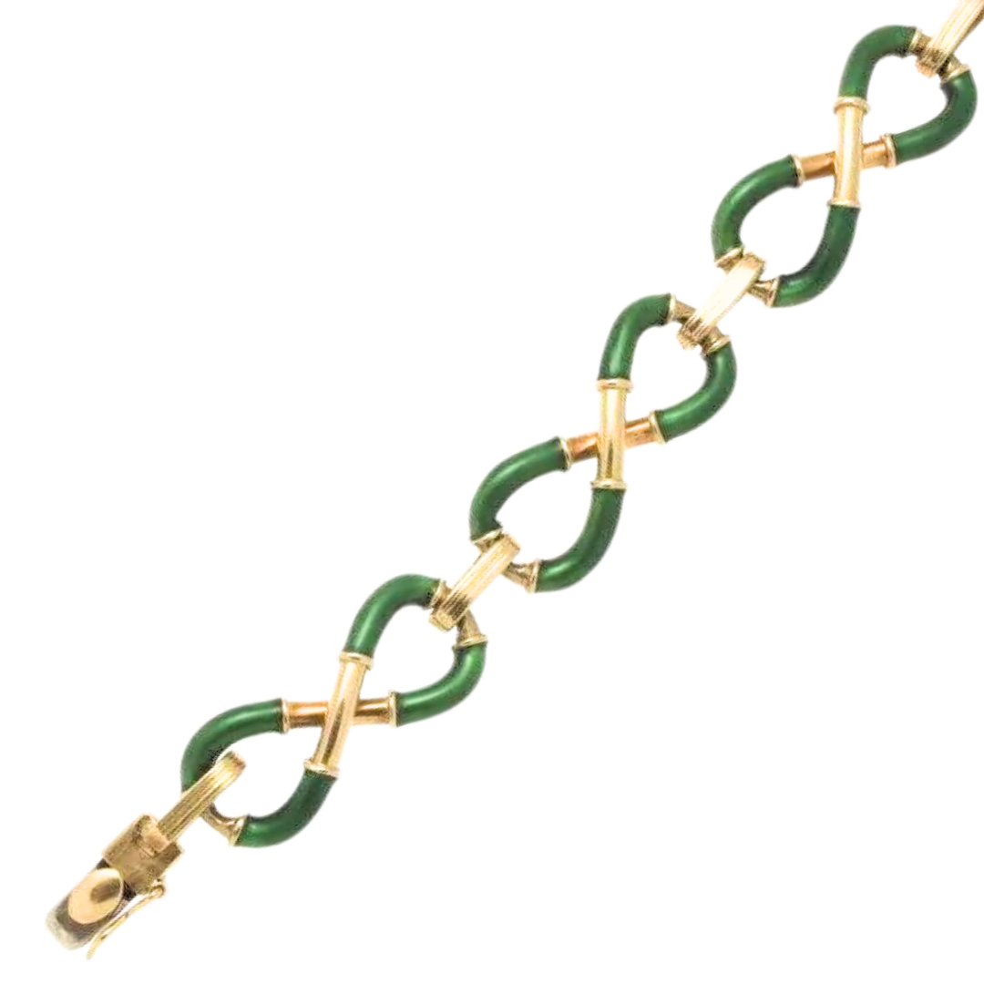 Vintage 18k Yellow Gold & Green Enamel Infinity Bracelet 31.59 Grams