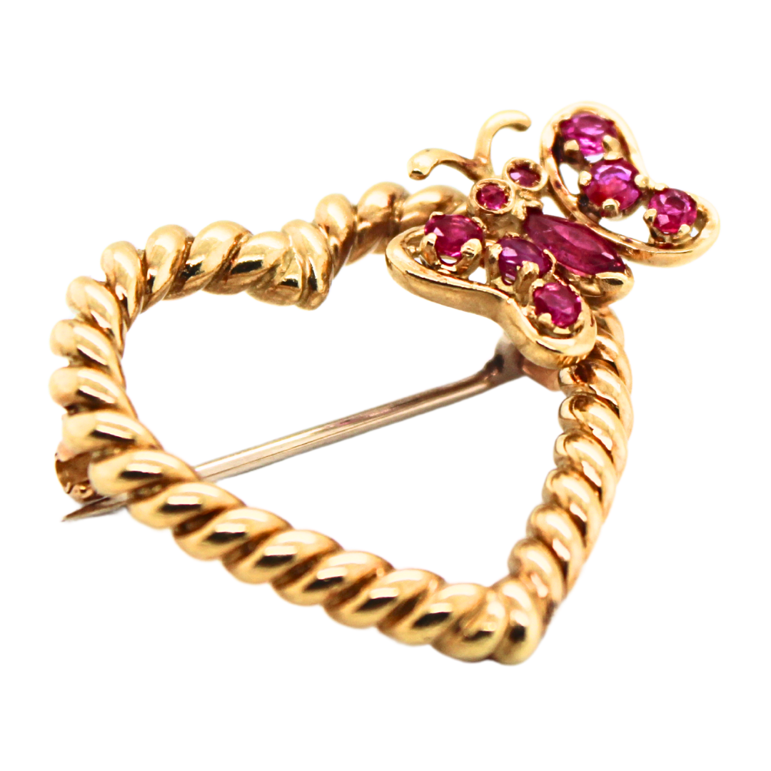 VINTAGE 18K YELLOW GOLD TIFFANY & CO. HEART RUBY BROOCH