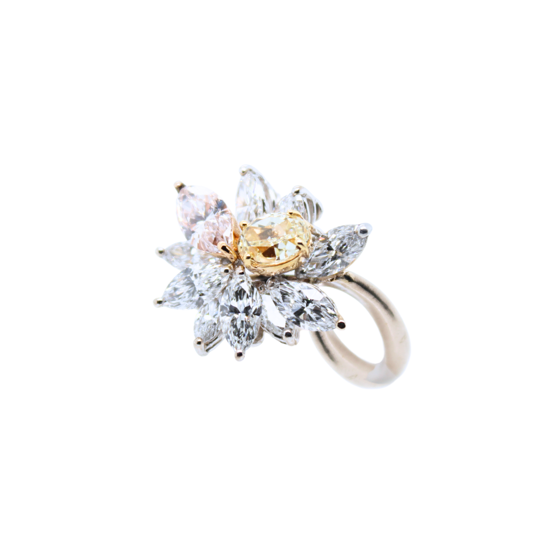 Gia Certified 18k White Gold Pink Diamond, Yellow Diamond and Marquise Diamond Cluster Ring Shape and Cutting Style: Marquise Brilliant